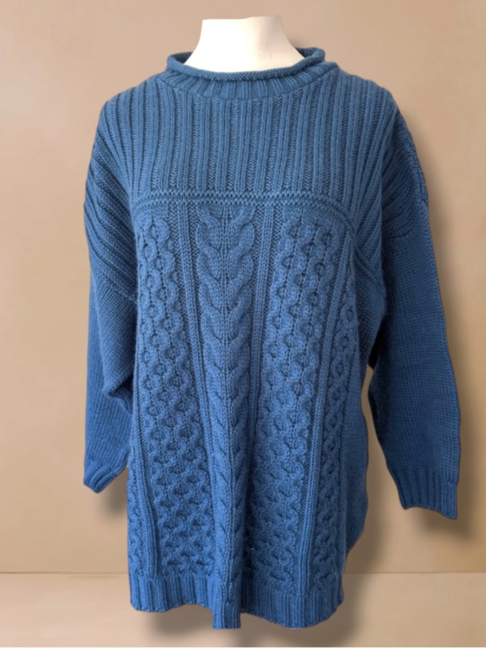 Aran Crafts Ireland Merino Wool Blue Cable Knit Sweater Size XL